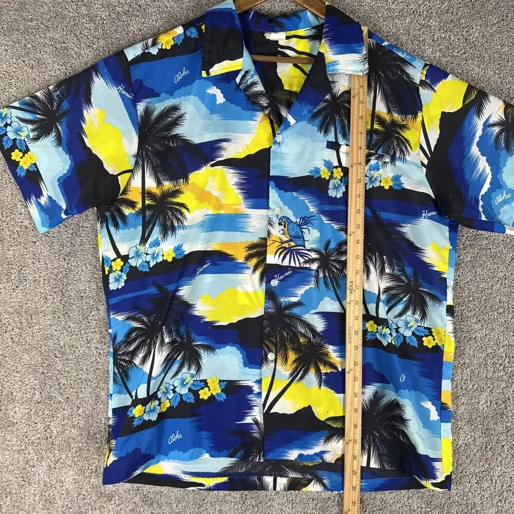 Orchid Fashion Shirt Men XL Blue 100% Rayon Hawaiin Camp True Vtg 70s READ